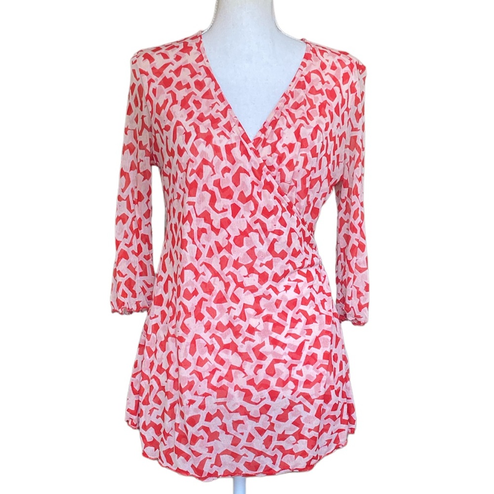 Diane Von Furstenberg Red Printed Silk Mesh Faux Wrap Top Maternity L